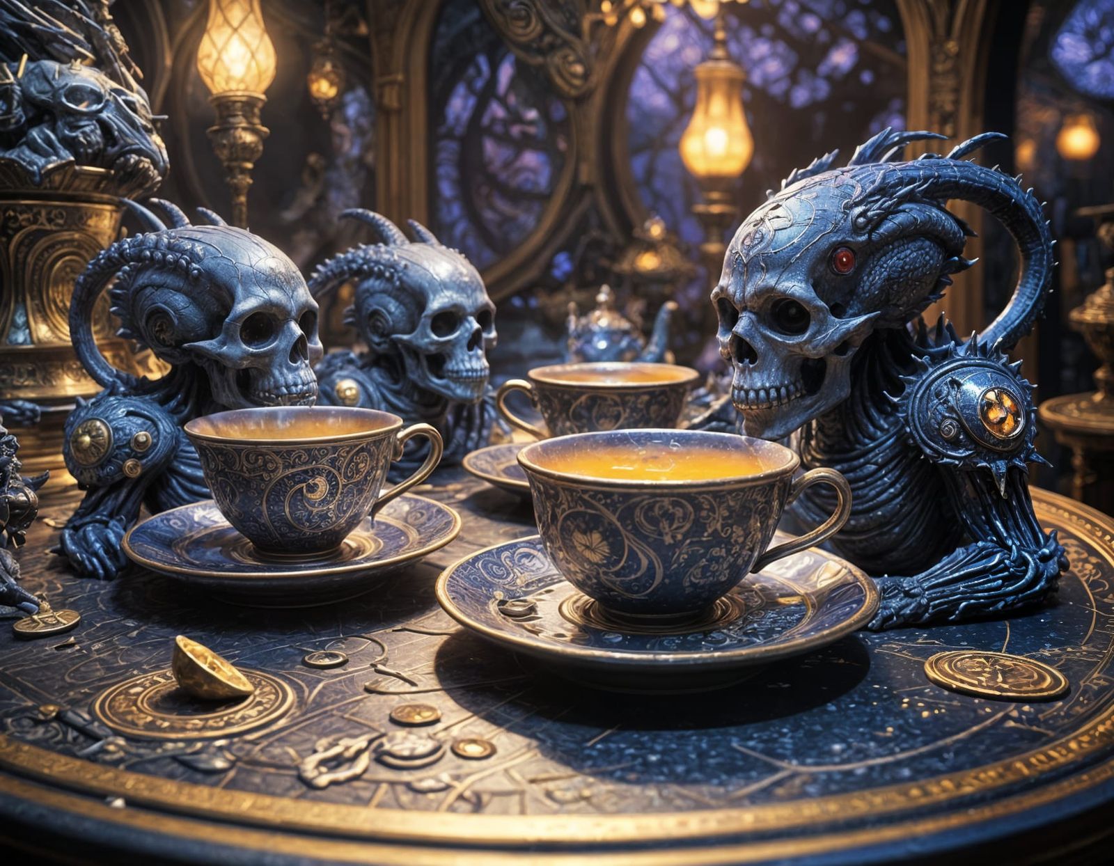 Cosmic Tea Party in Epic Dark Fantasy Style