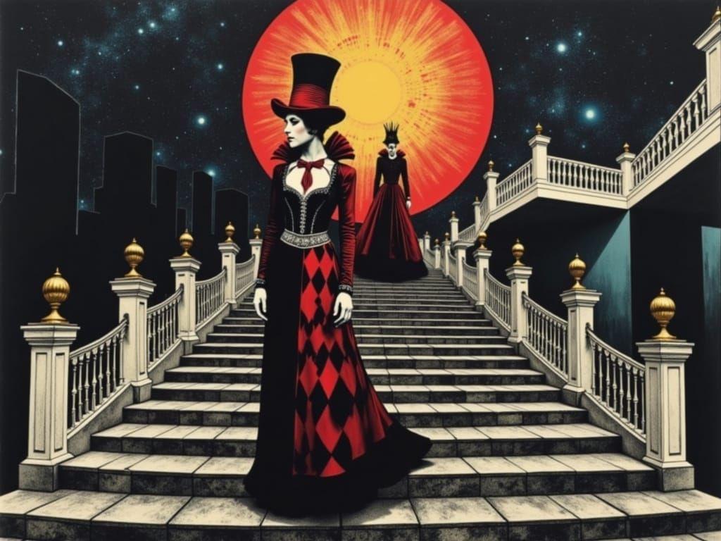 Surreal Staircase: Queen, Hatter, Alice, Neo in Pop Art