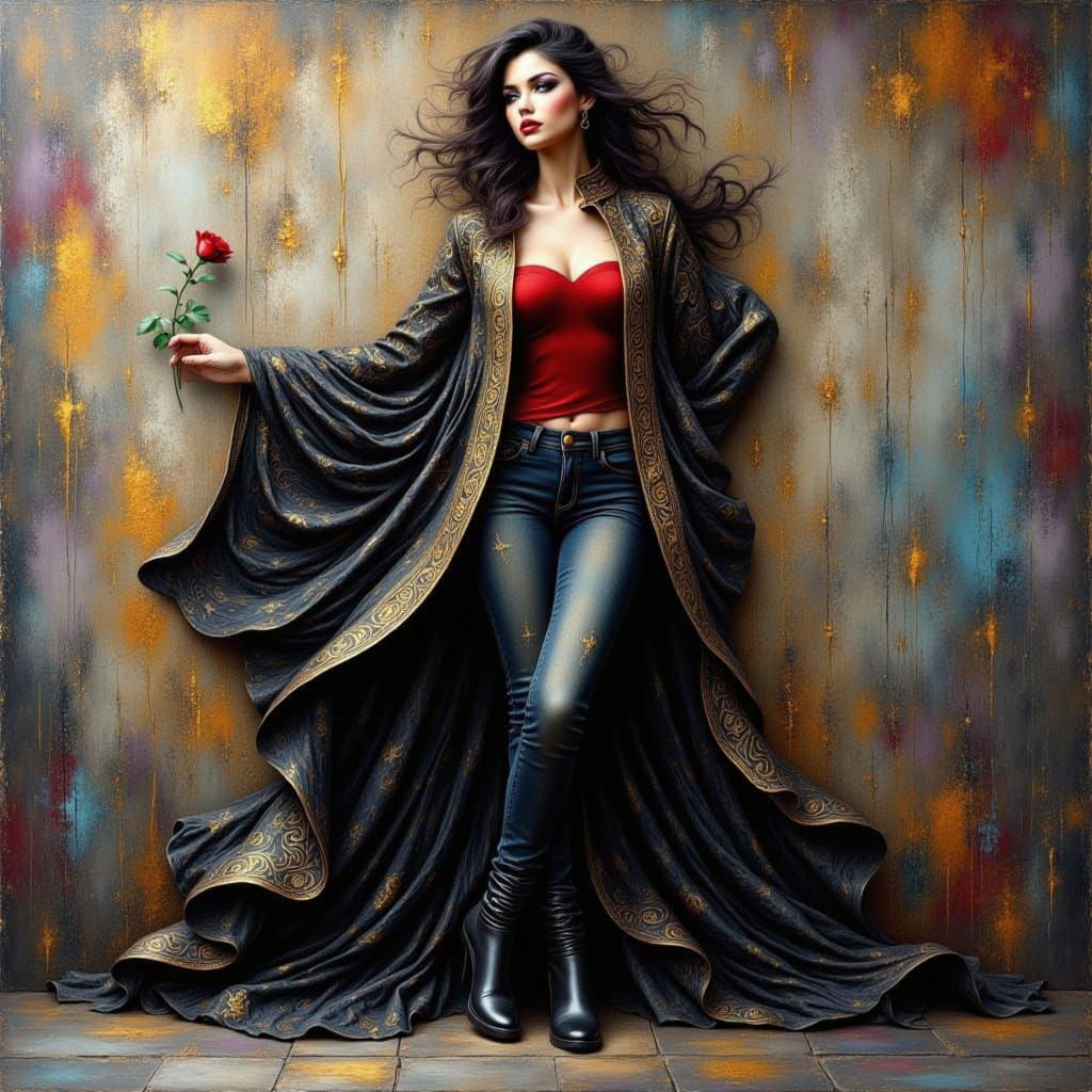 Encaustic Painting of Woman in Gold Jacket with Red Rose