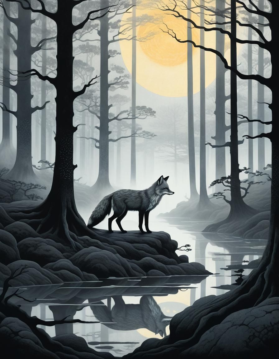Monochrome Fox Wanders Through Misty Forest, Ukiyo-e Style