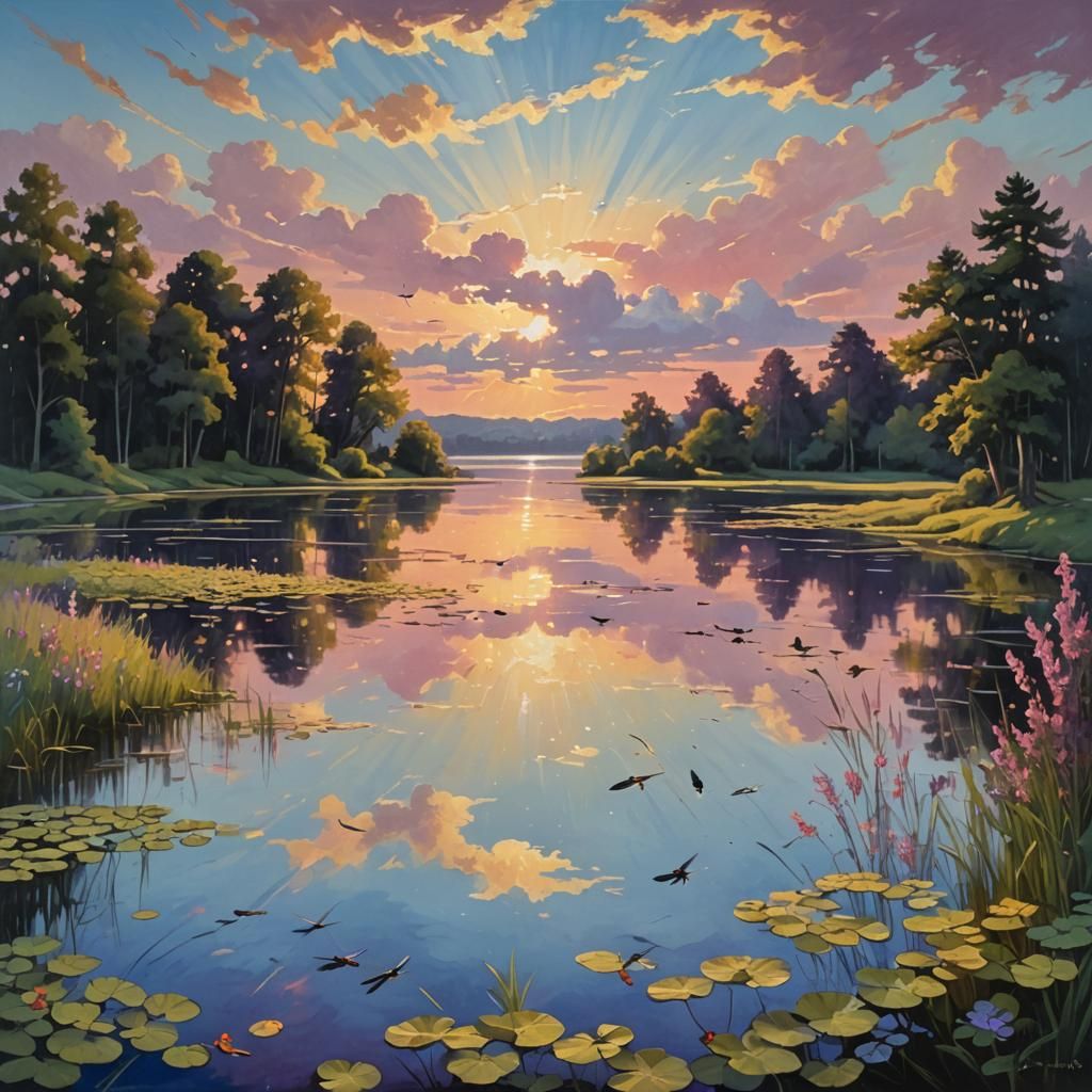 Sunset Sky Over Lake as Oil Painting
