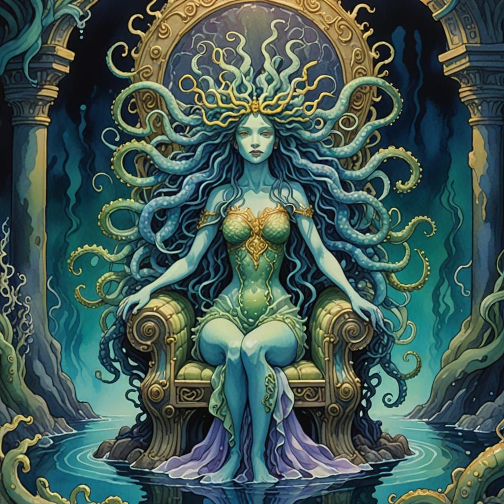Sea Medusa on Throne, Watercolor Ghibli-esque Illustration