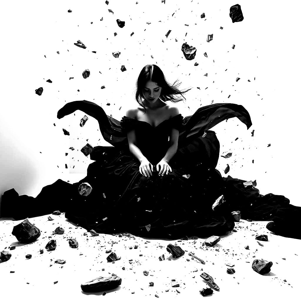 A Woman Amidst a Turbulent Storm in an All White Room