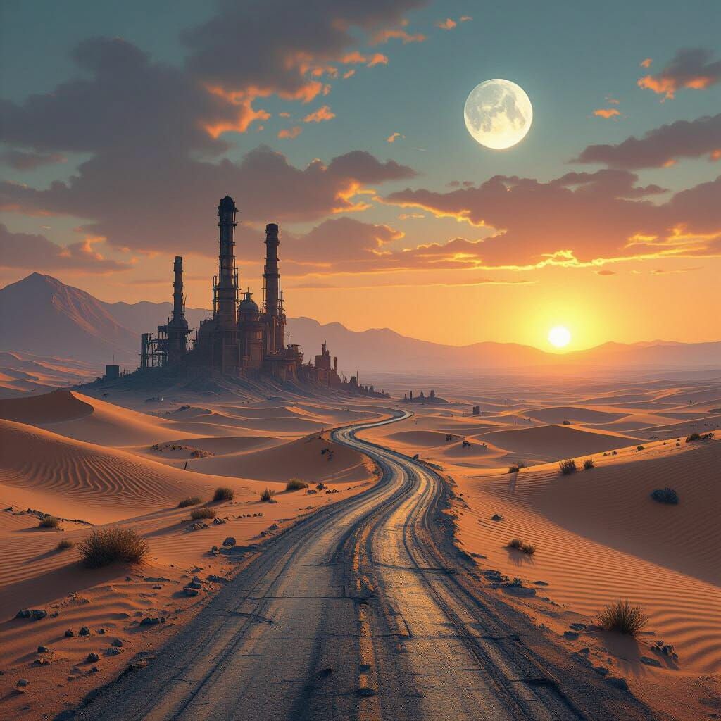 Desert Alien Planet Industrial Ruins at Sunset