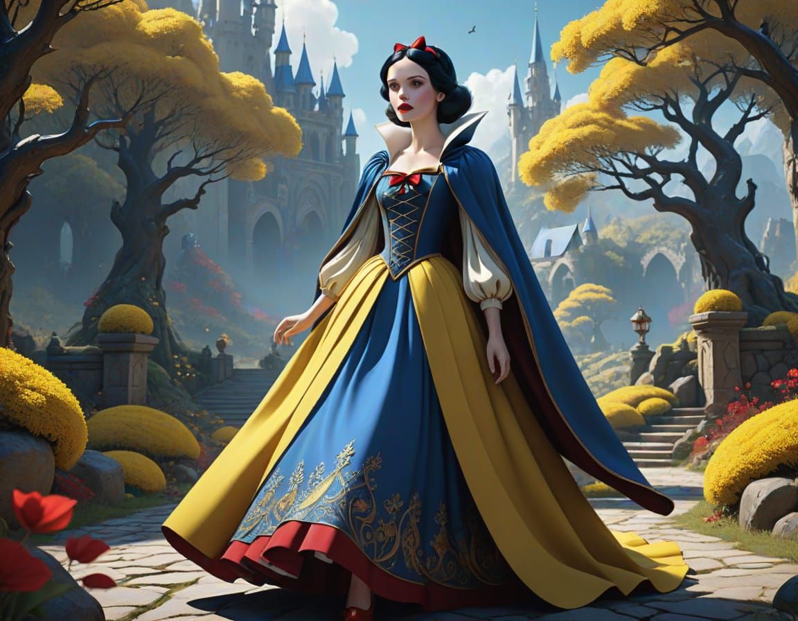 Snow White in a Stunning Blue and Red Fantasy Dress