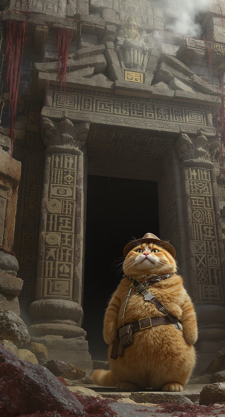 Orange Cat at Ancient Stone Temple Gate