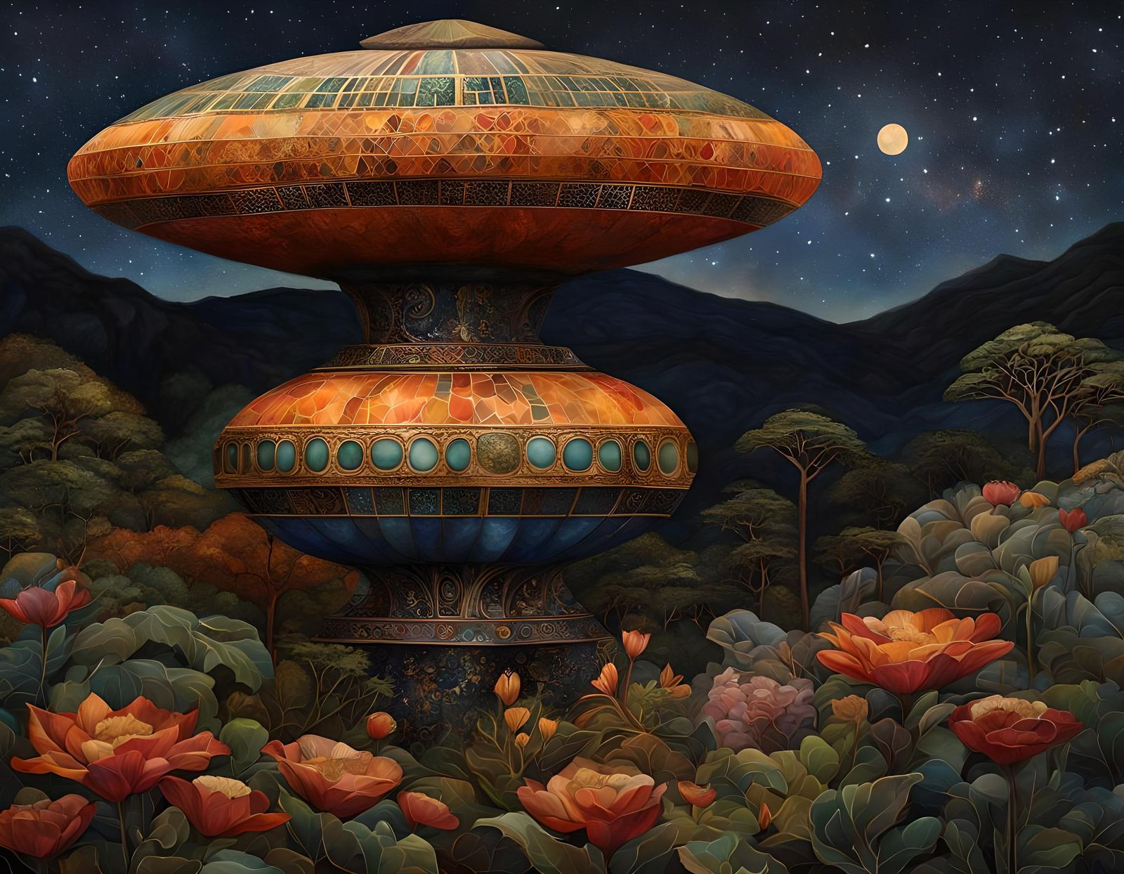 Earth Mothership Soaring in Dreamy Cloisonné Style