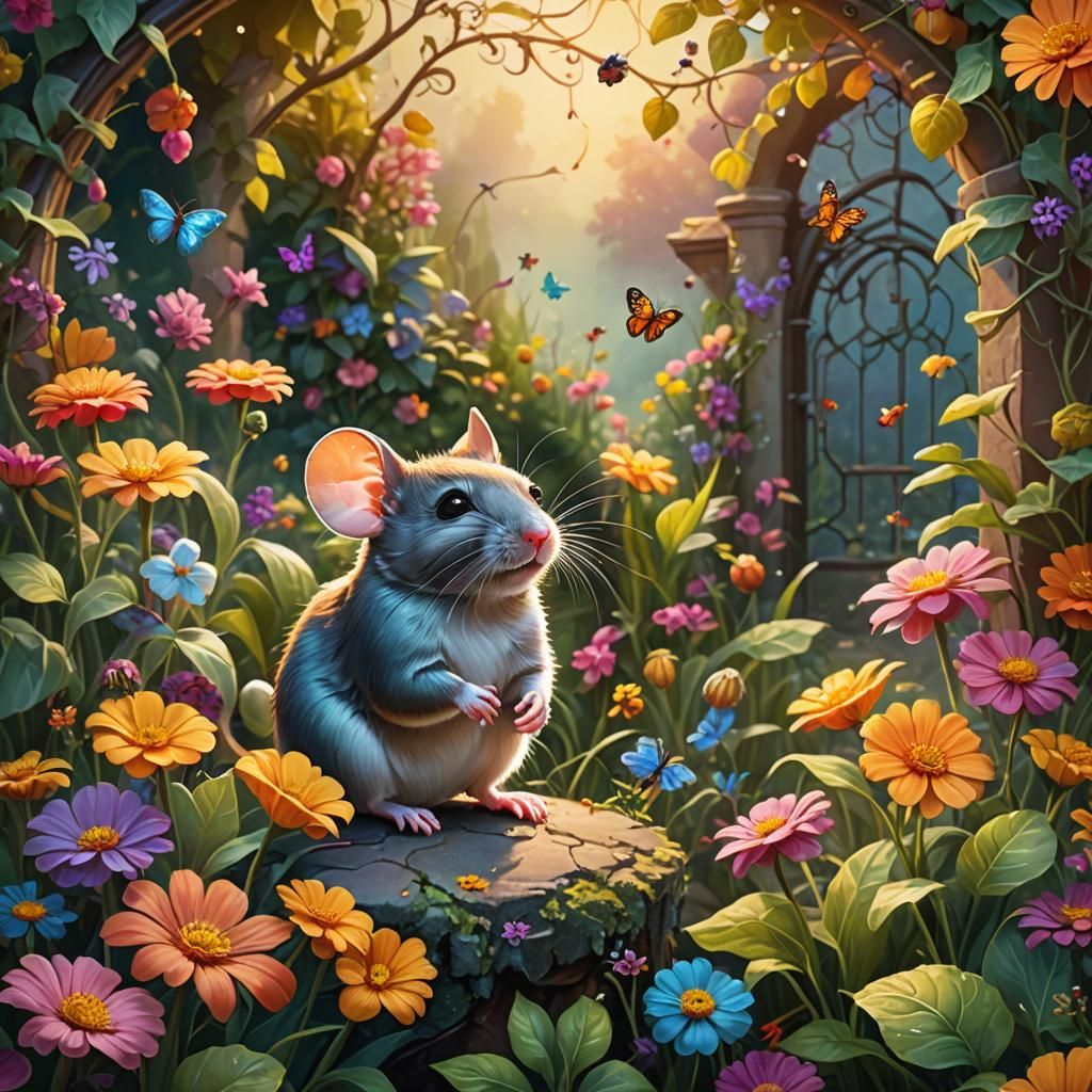 Mouse in Magical Garden: Vivid Oil Painting
