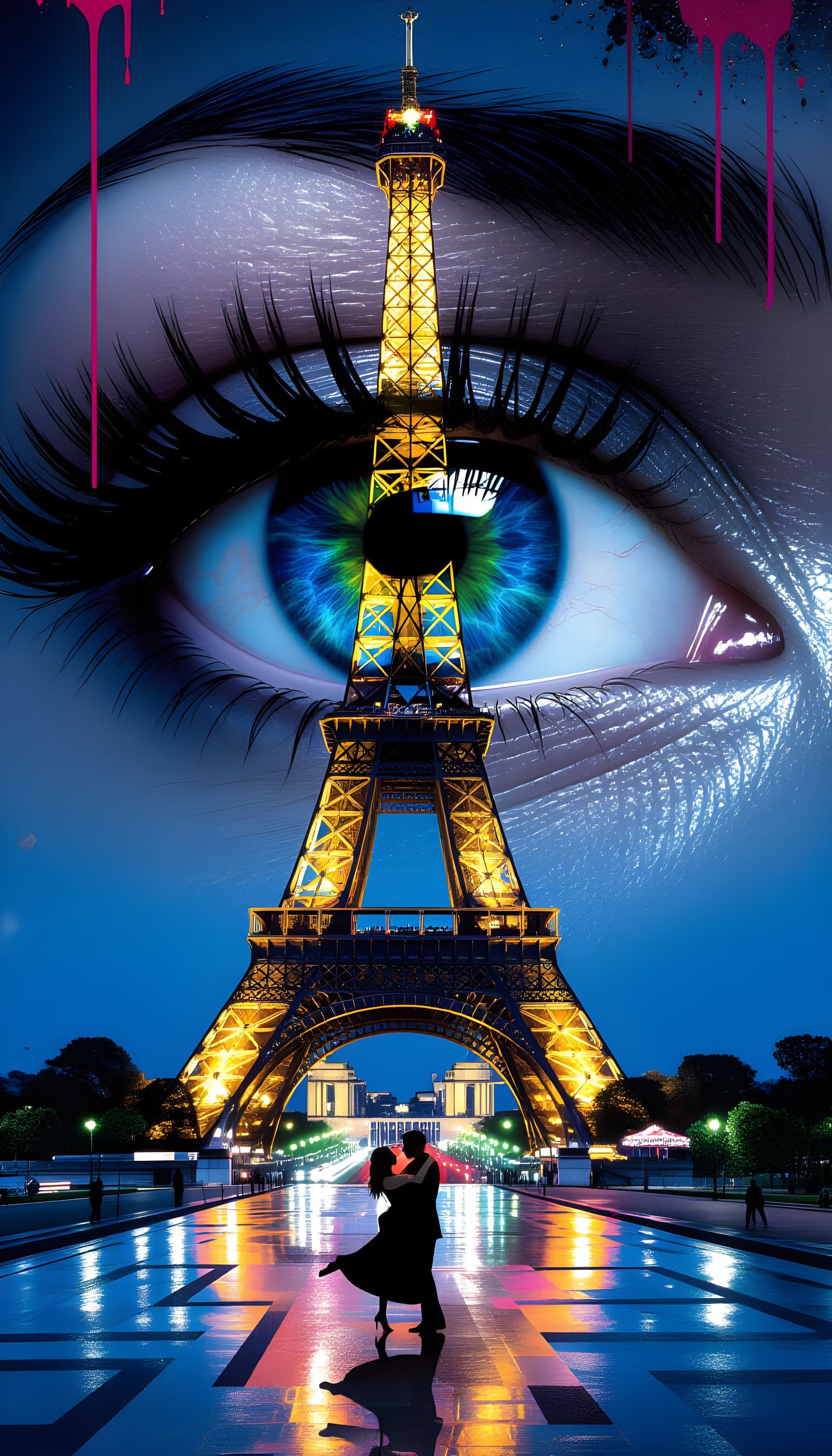 Giant Eye Watches Eiffel Tower Dancers in Graffiti Style
