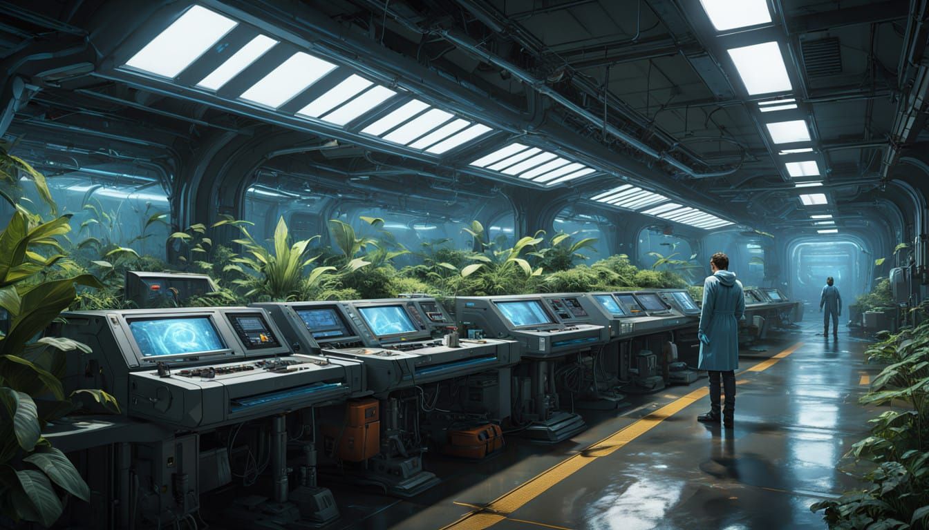 Epic Industrial Lab Scene with Lush Vegetation and Glowing C...