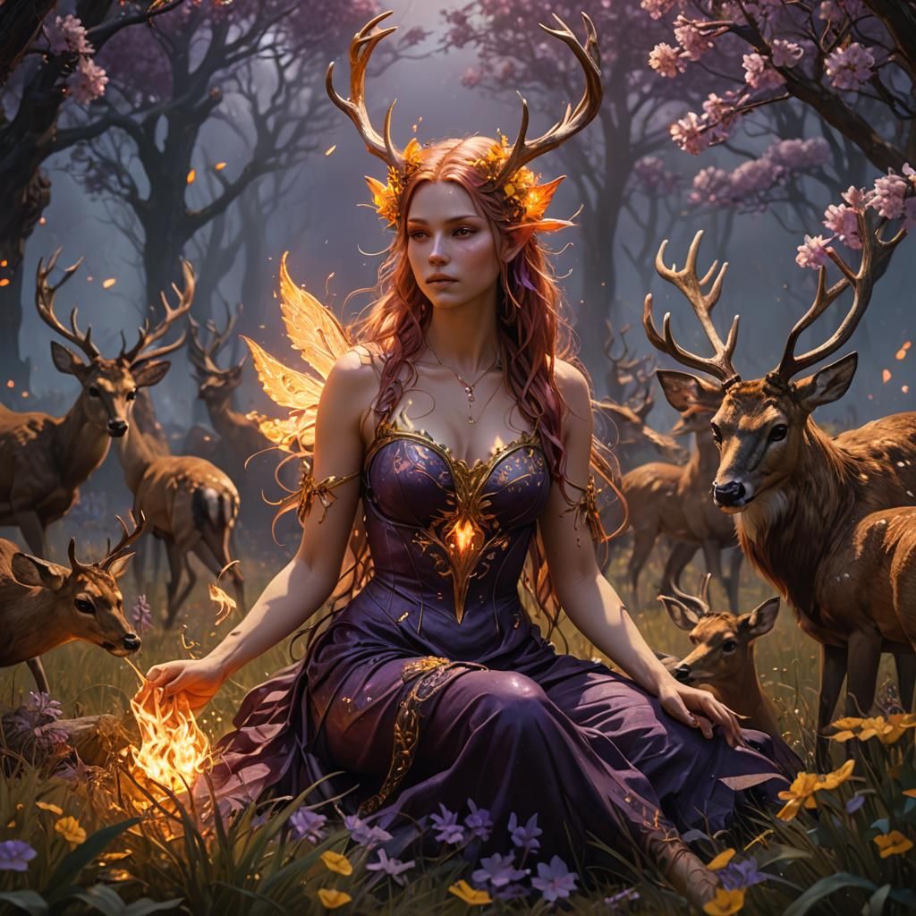 Fire Fairy with Deer in Dark Fantasy Style