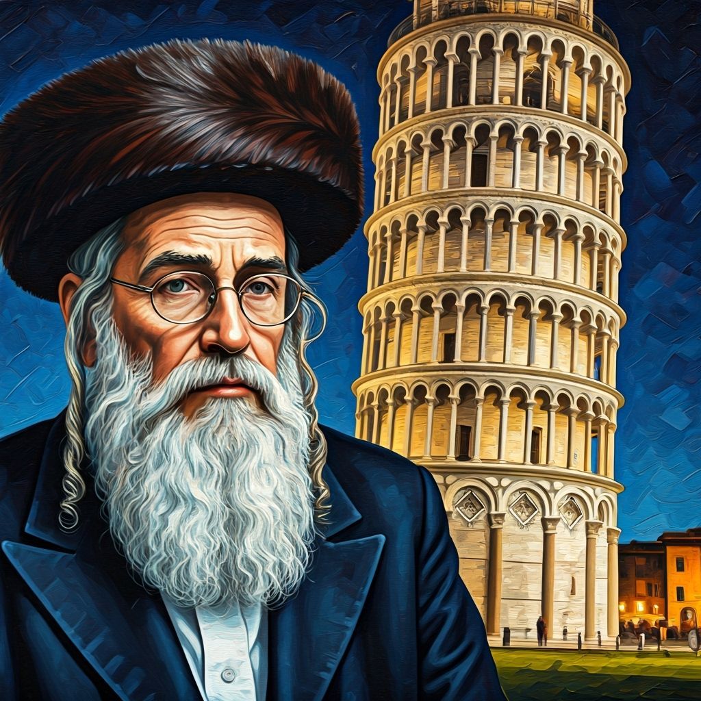 Orthodox Jew at Golden Pisa Tower Night Oil Painting