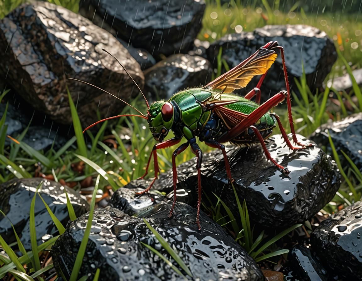 Cricket on Rain-Soaked Rocks: Hyperrealistic Photoillustrati...