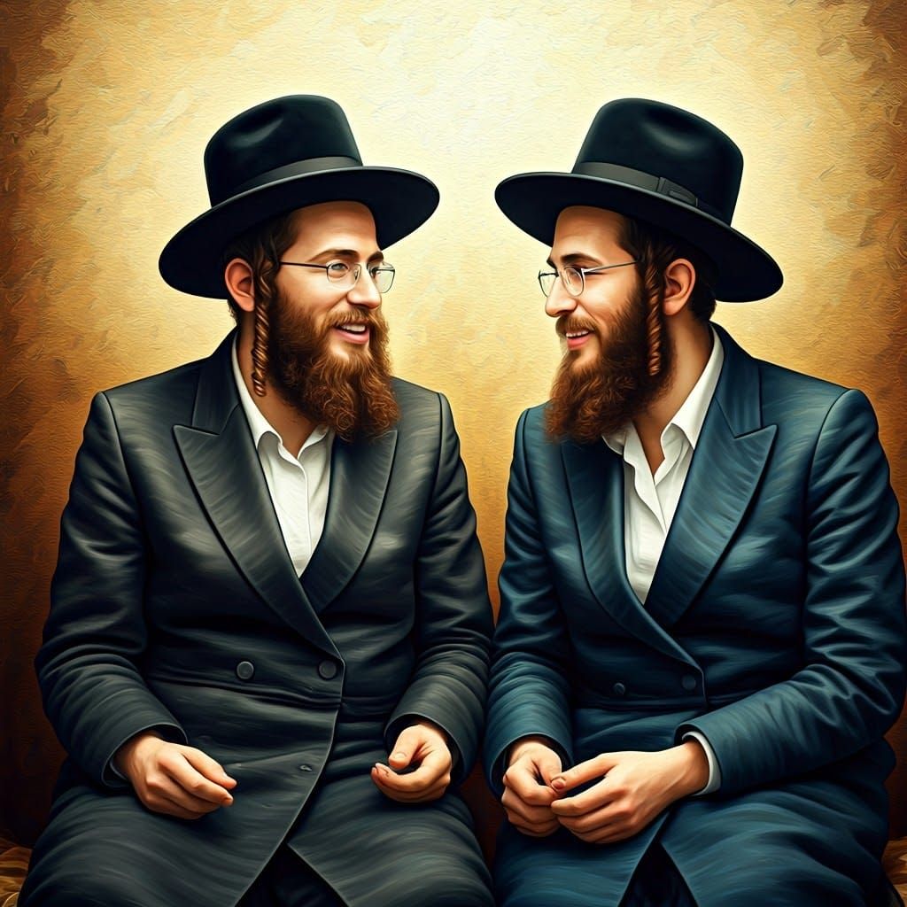 Hasidic Men in Deep Conversation, Hyperrealistic Splash Art