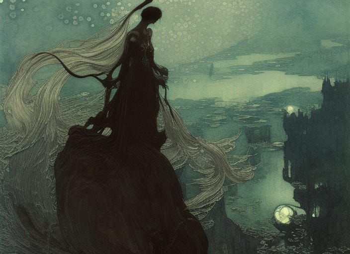 Iridescent Dark Fantasy Landscape in Watercolor Style