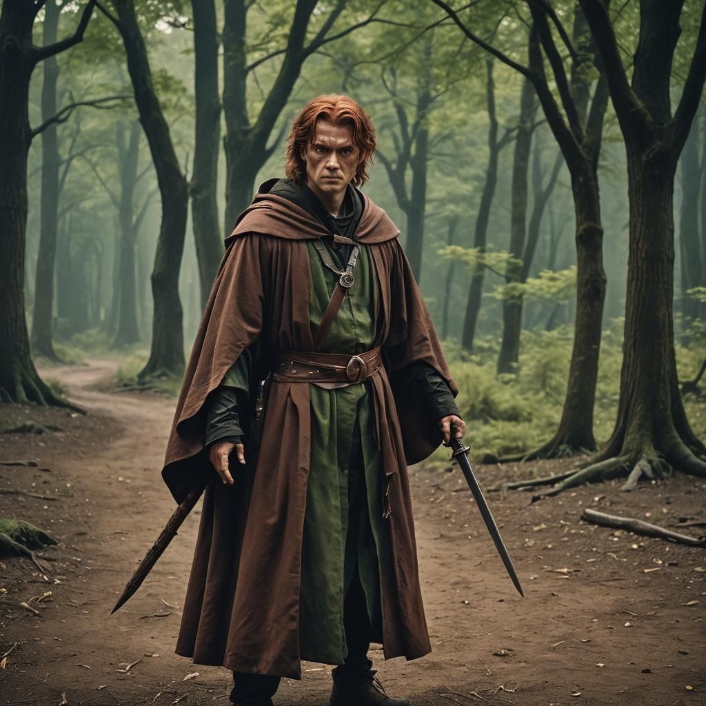 Cinematic Wizard with Sword and Bat Familiar