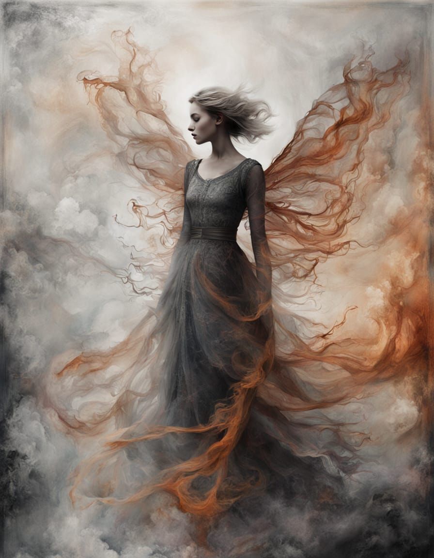 Ethereal Woman with Ghostly Wings in Encaustic Style