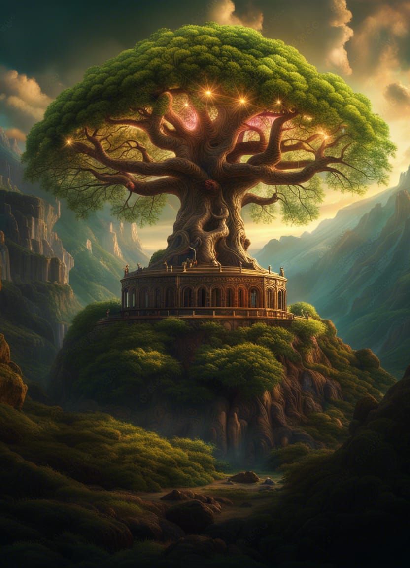 Mystical Tree of Life in Mountain Landscape