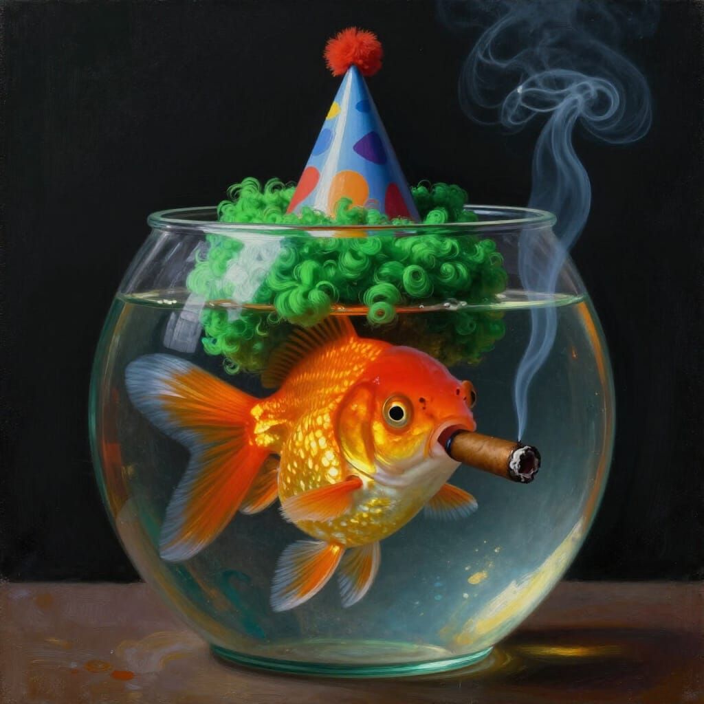 Goldfish With Afro Smoking Cigar in Party Hat