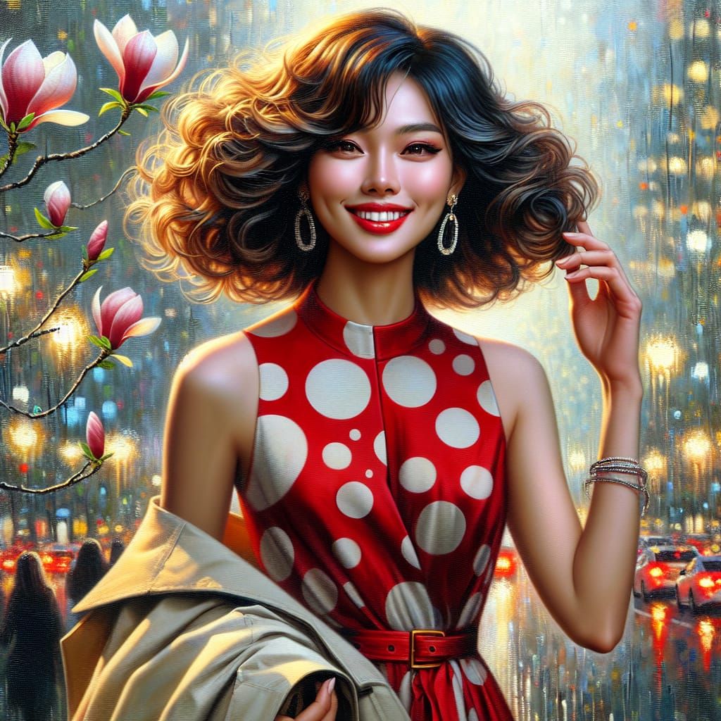 Hyper Realistic Portrait of an Asian Woman in a Red Gown, Se...