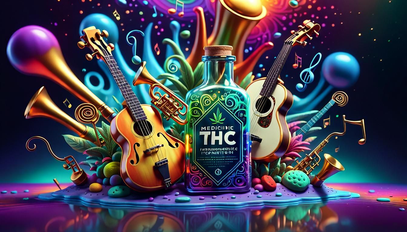 Psychedelic Medicine Bottle with Musical Instruments