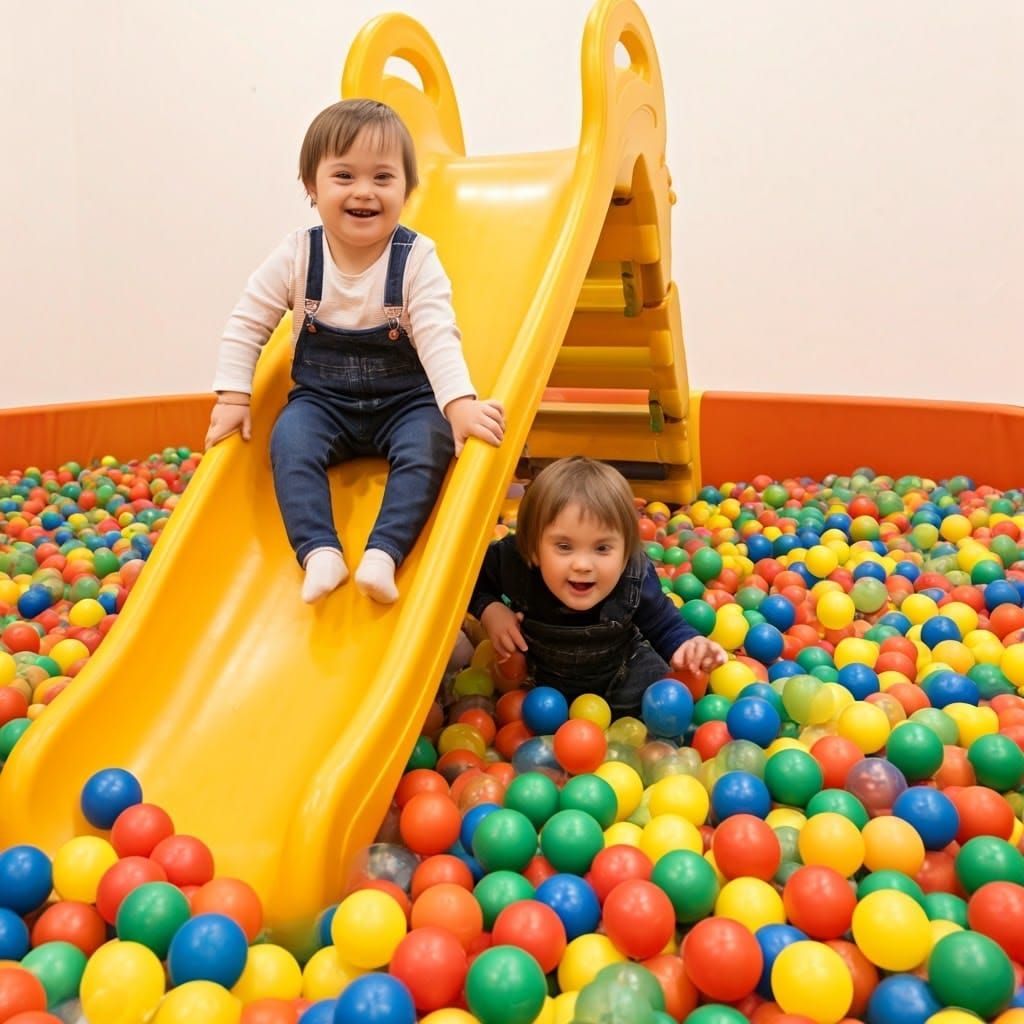 Joyful Down Syndrome Toddlers Play in Colorful Ball Pool Won...