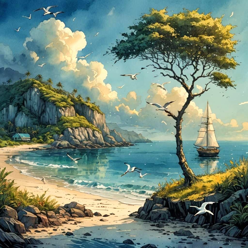 Island Seagulls in Comic Book Watercolor Style