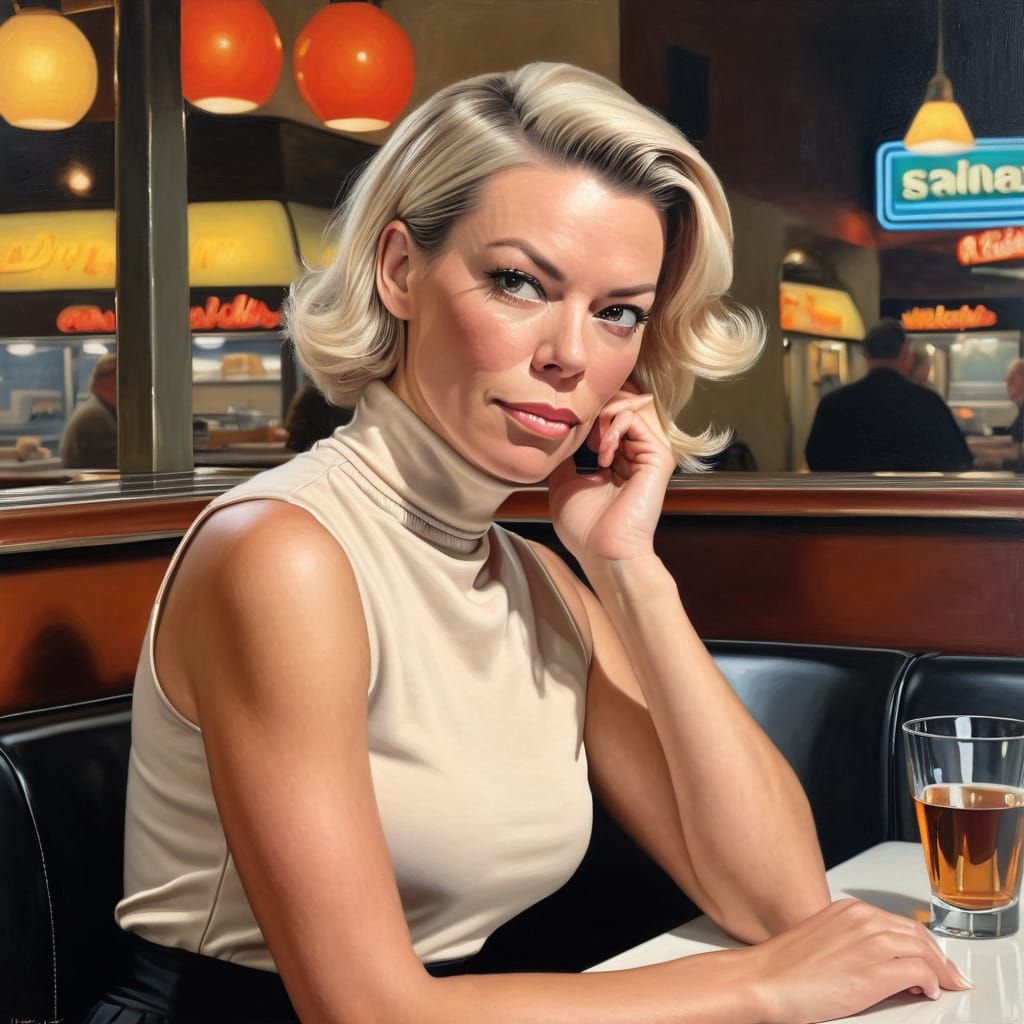 Beautiful Woman Lost in Thought in Retro Studio Diner