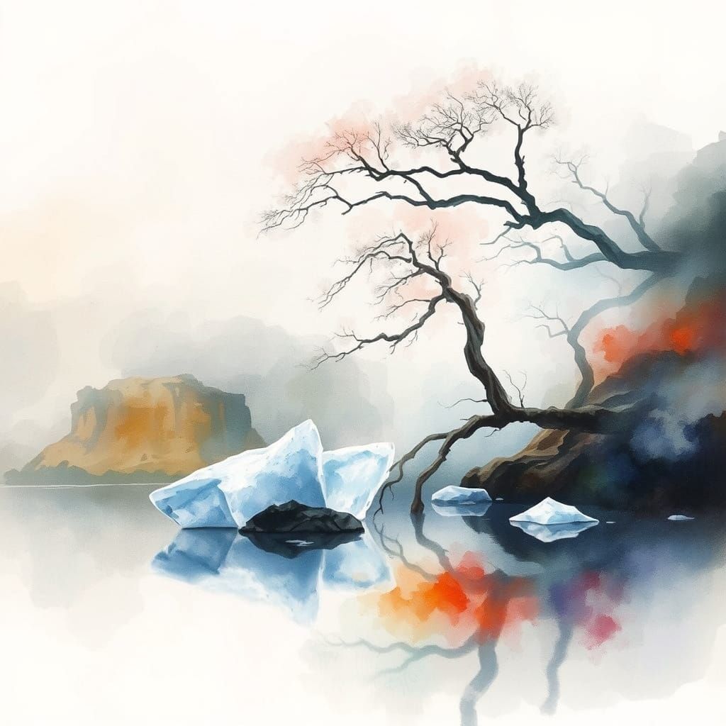 Ethereal Watercolour Fog Landscape with Twisted Trees and Cr...