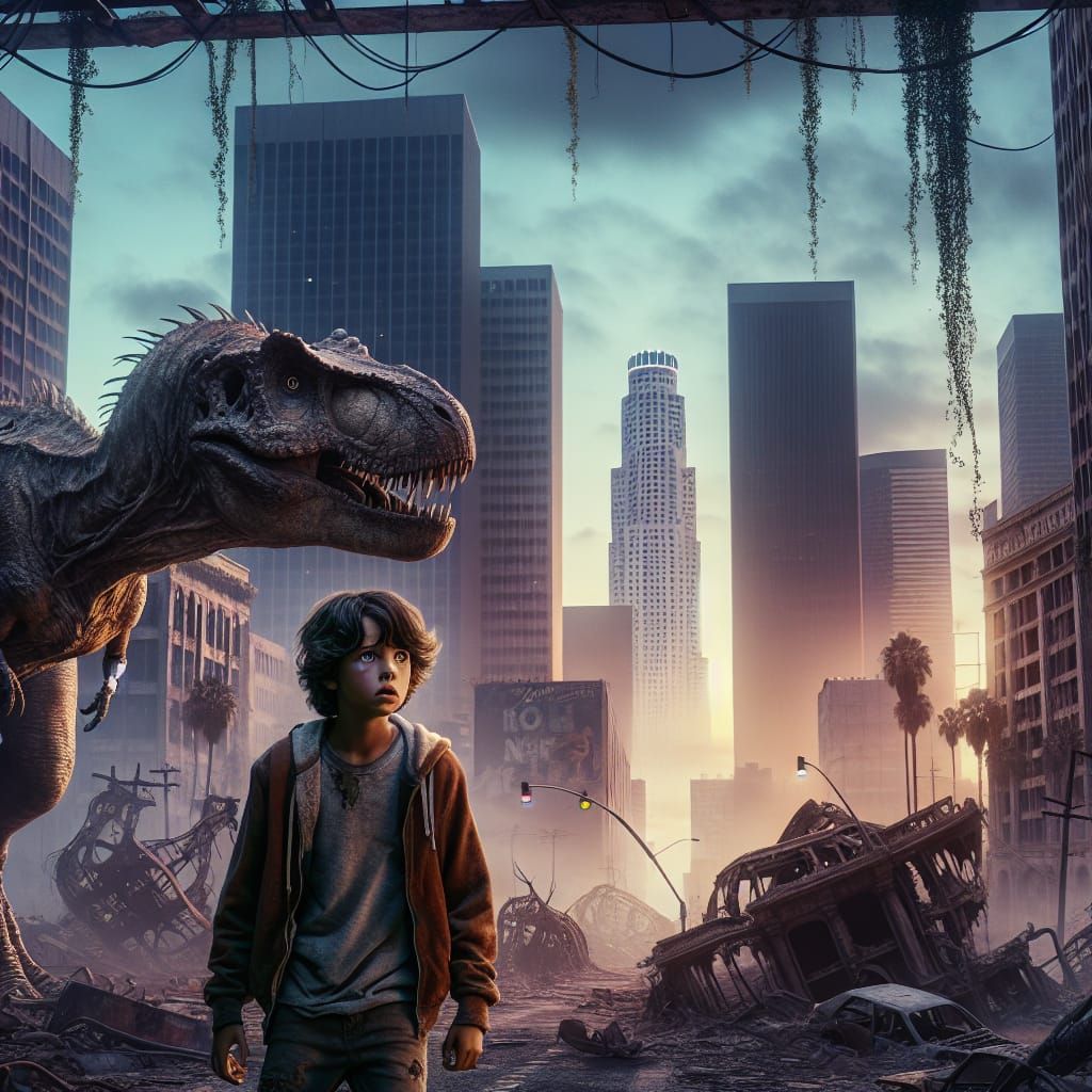 Boy and Tyrannosaurus Rex in Post-Apocalyptic Los Angeles