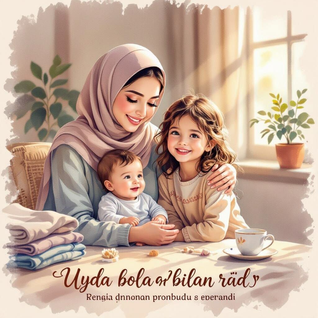 Muslim Mother and Children in Tender Watercolor Illustration