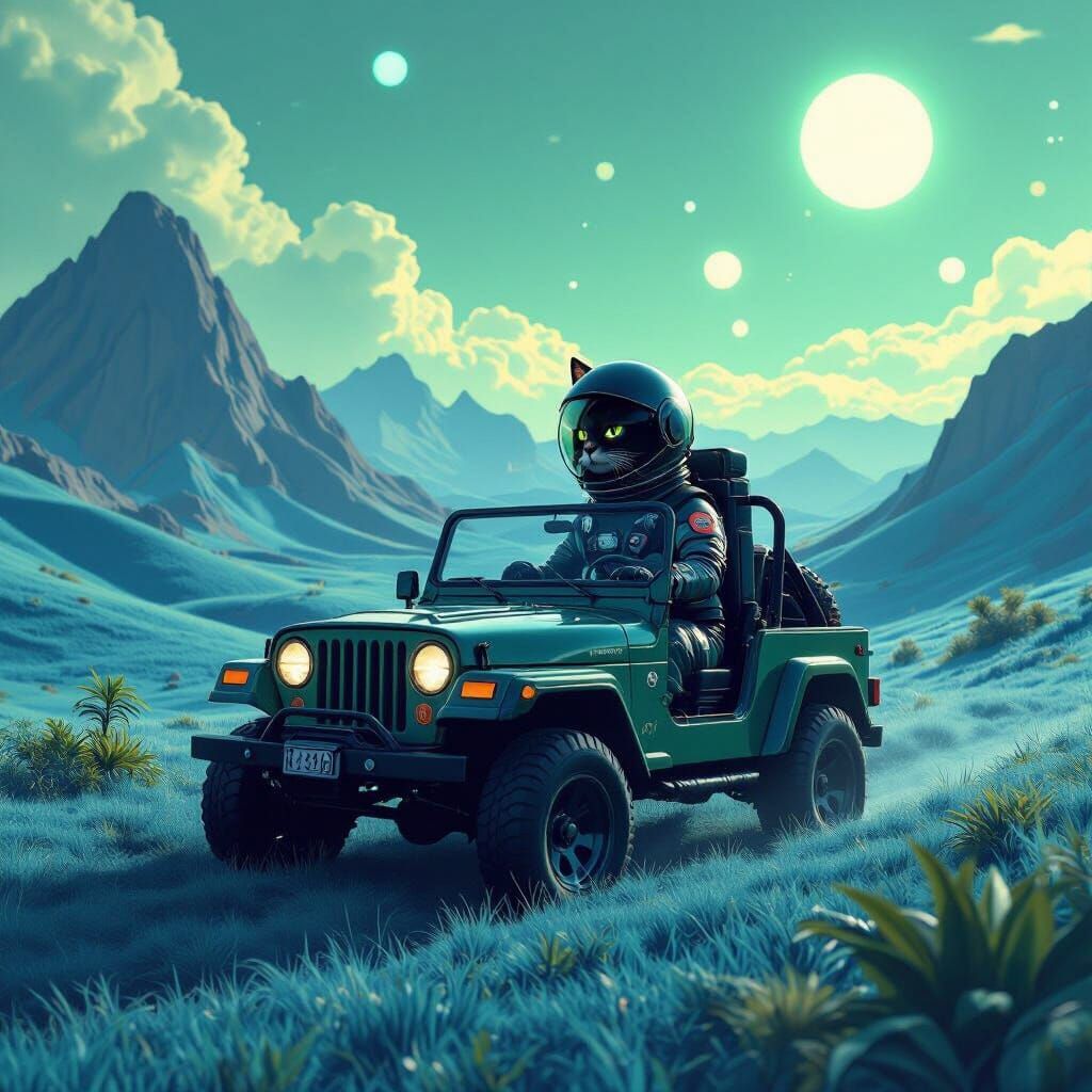 Astronaut Cat Drives Jeep on Alien Planet