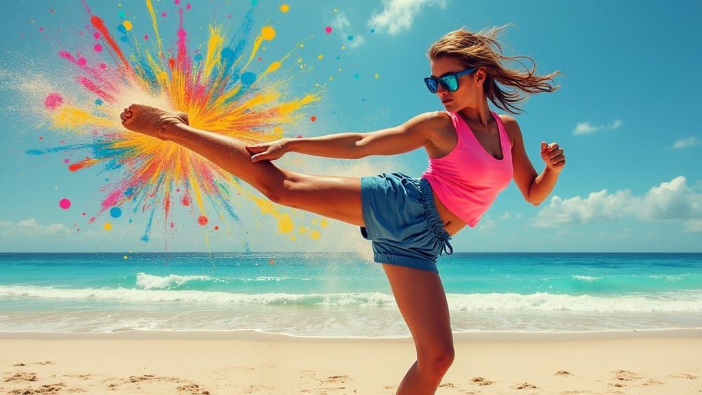 Karate Kick on Beach in Graffiti Splash Art