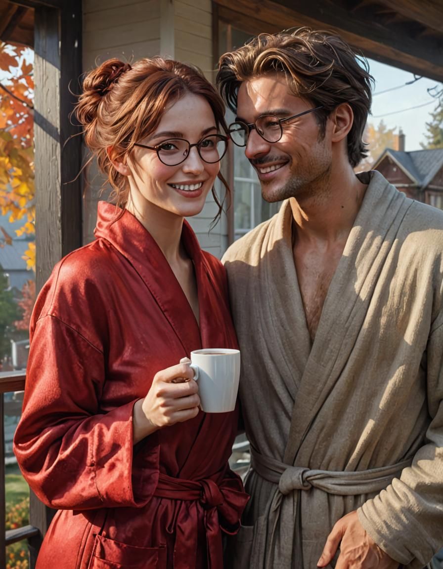 Woman in Red Bathrobe on Foggy Morning, Detailed Portrait