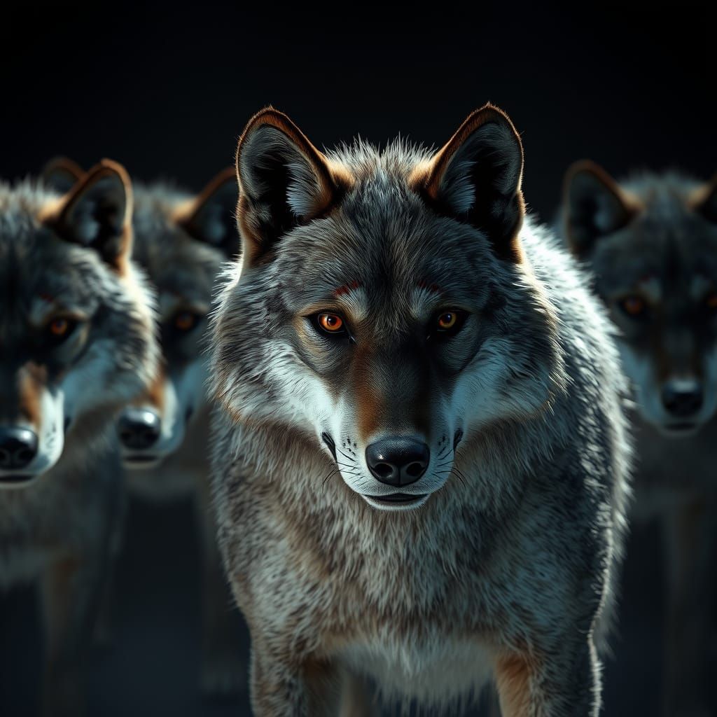 Realistic Wolves Pack with Alpha Male in Dramatic Lighting