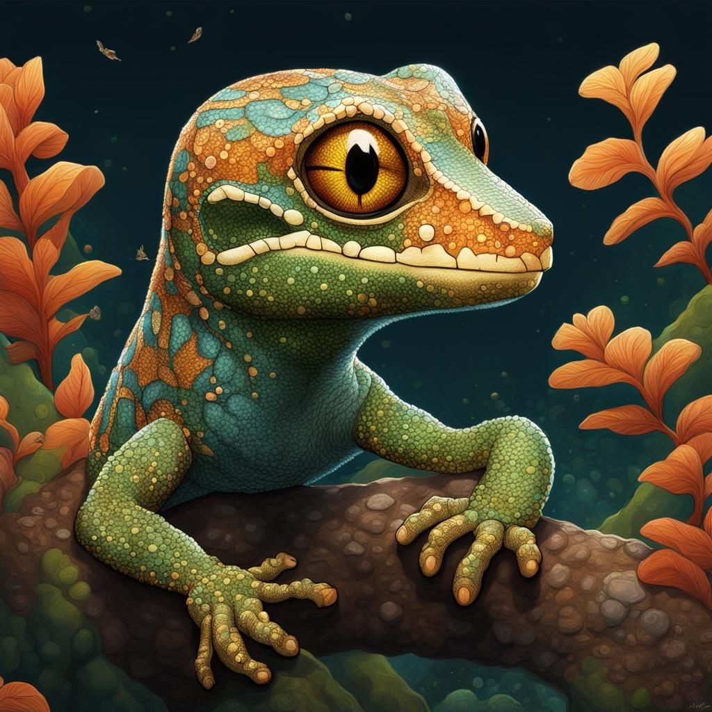 Sparkly Gecko Portrait in Storybook Style