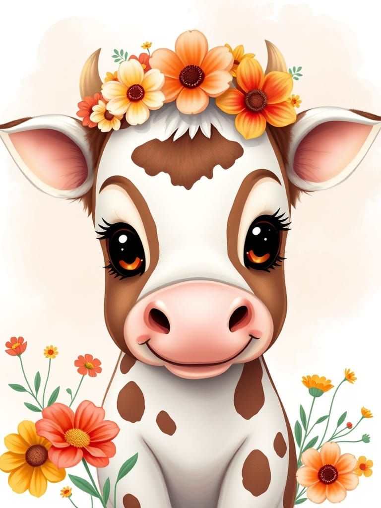 Cow with Flower Crown in Pop Art Style
