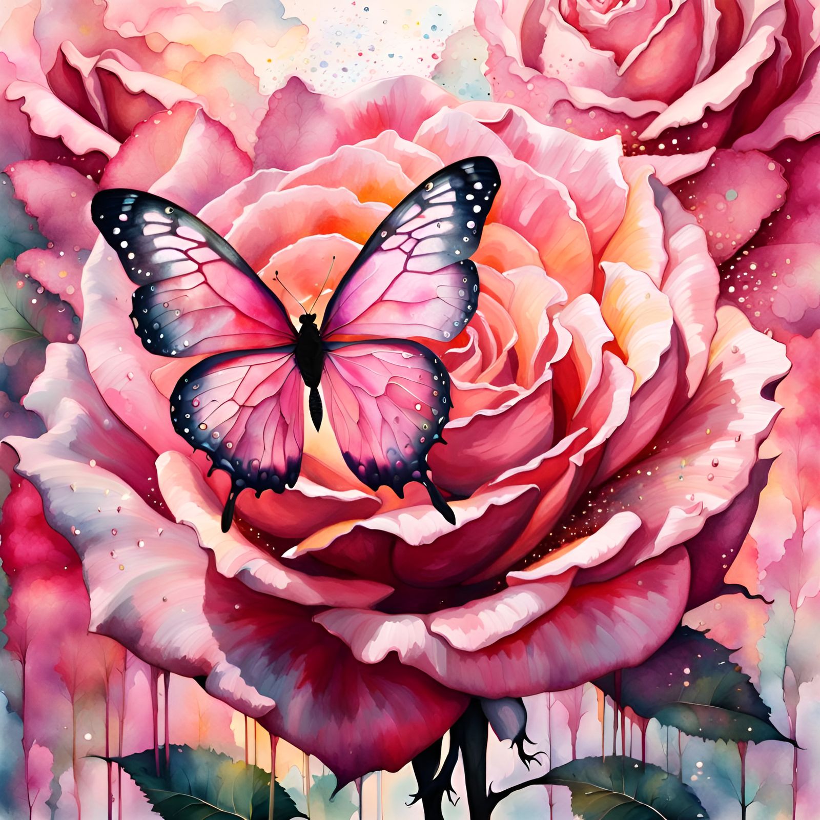 Pink Butterflies in Rose Silhouette Watercolor