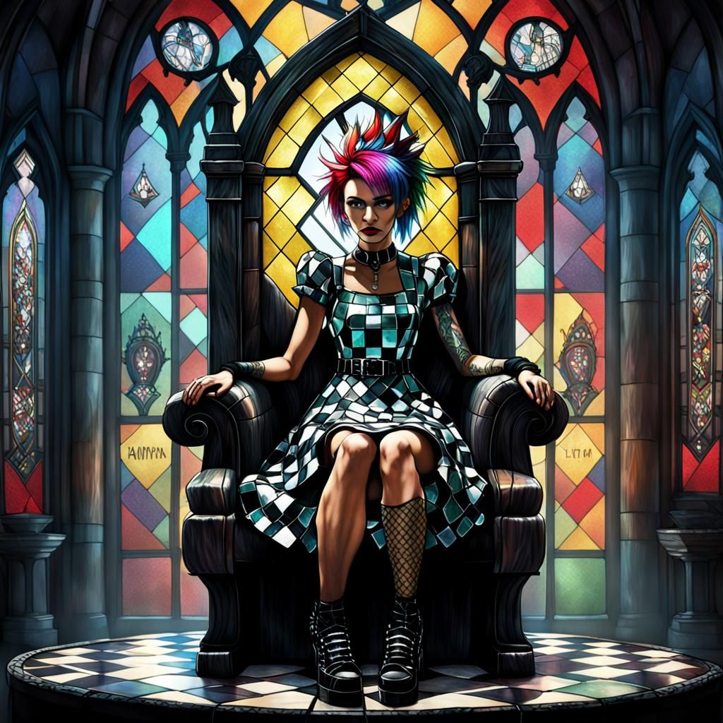 Stained Glass Punk Girl on Throne
