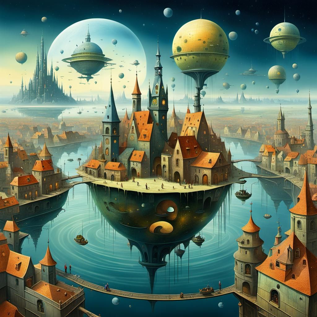 Surreal Waterworld City with Galactic Background