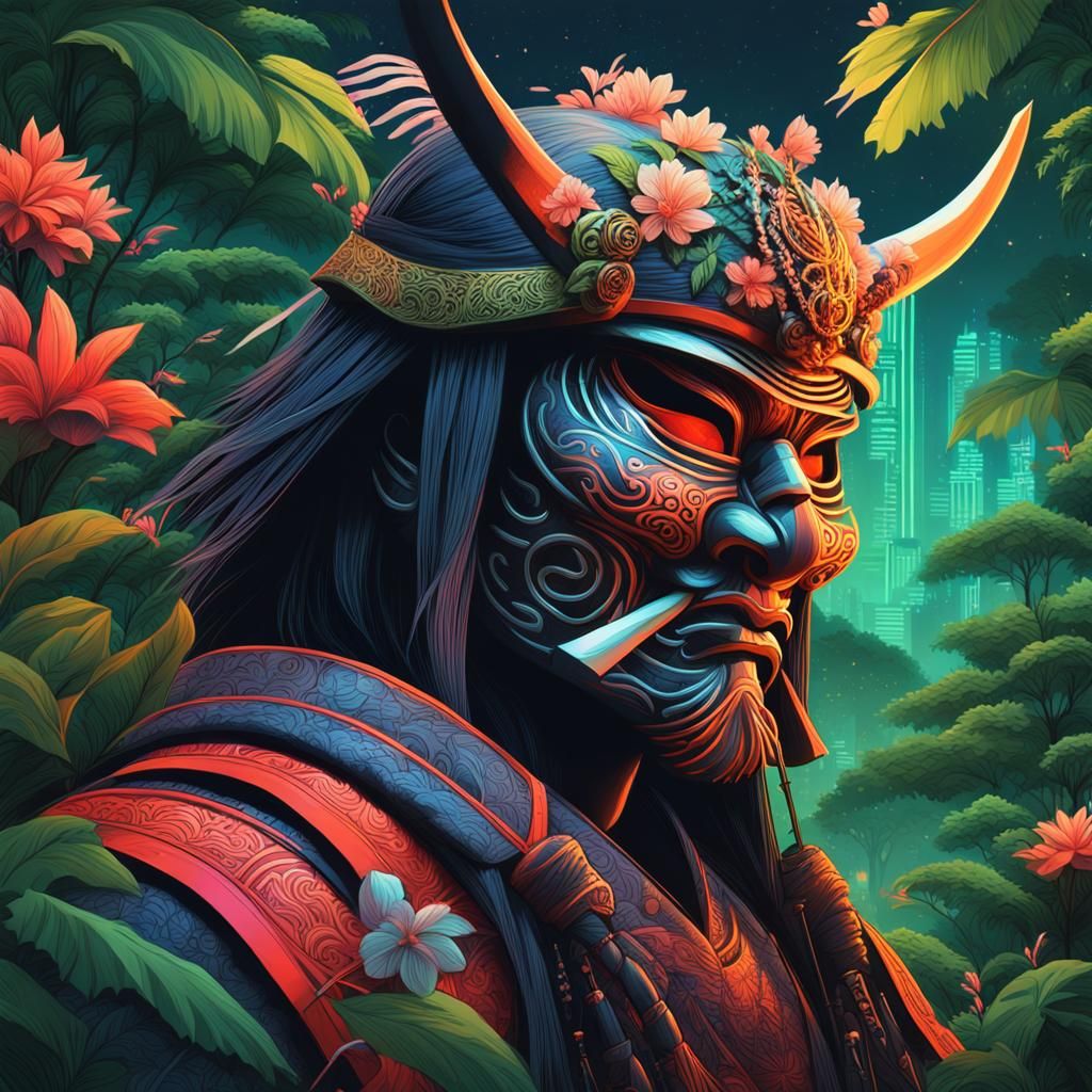Samurai Warrior in Jungle with Namahage Mask