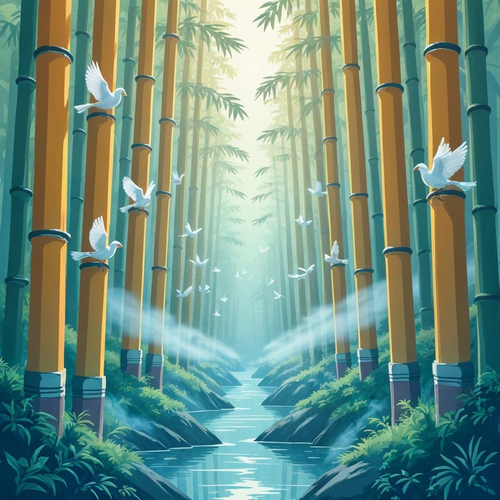 Pencil Forest with Paper Birds in Sunrise Mist