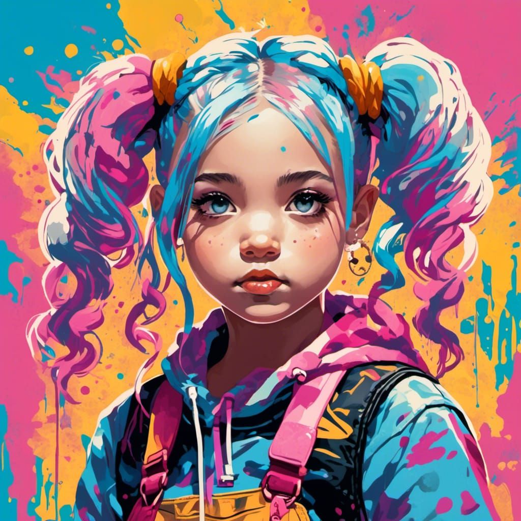 Cute Girl Portrait in Splatter Graffiti Style