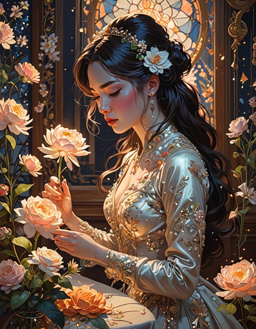 Detailed Woman Embroidering Flower in Magical Room