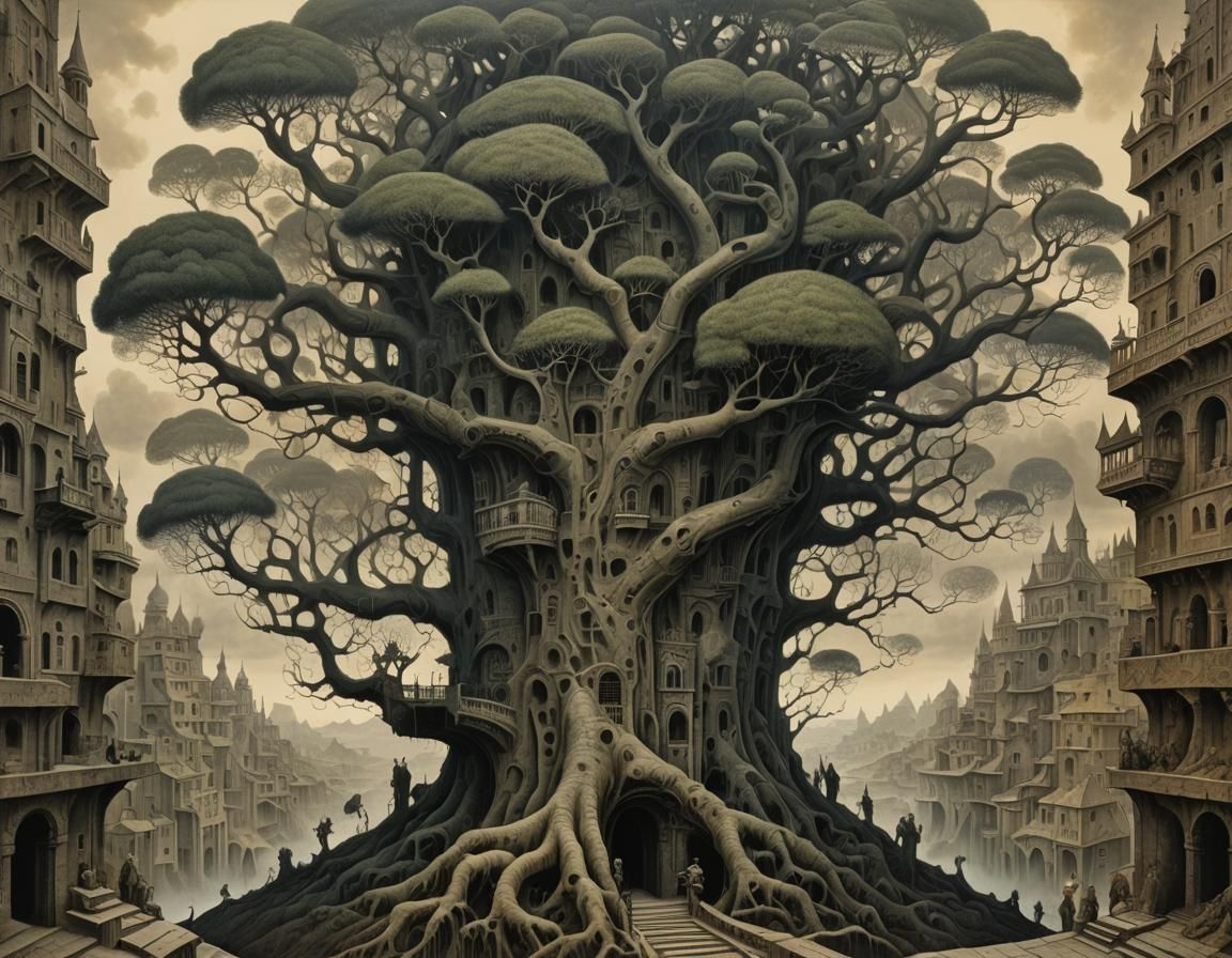 Surreal Tree Architecture in Dreamlike Landscape