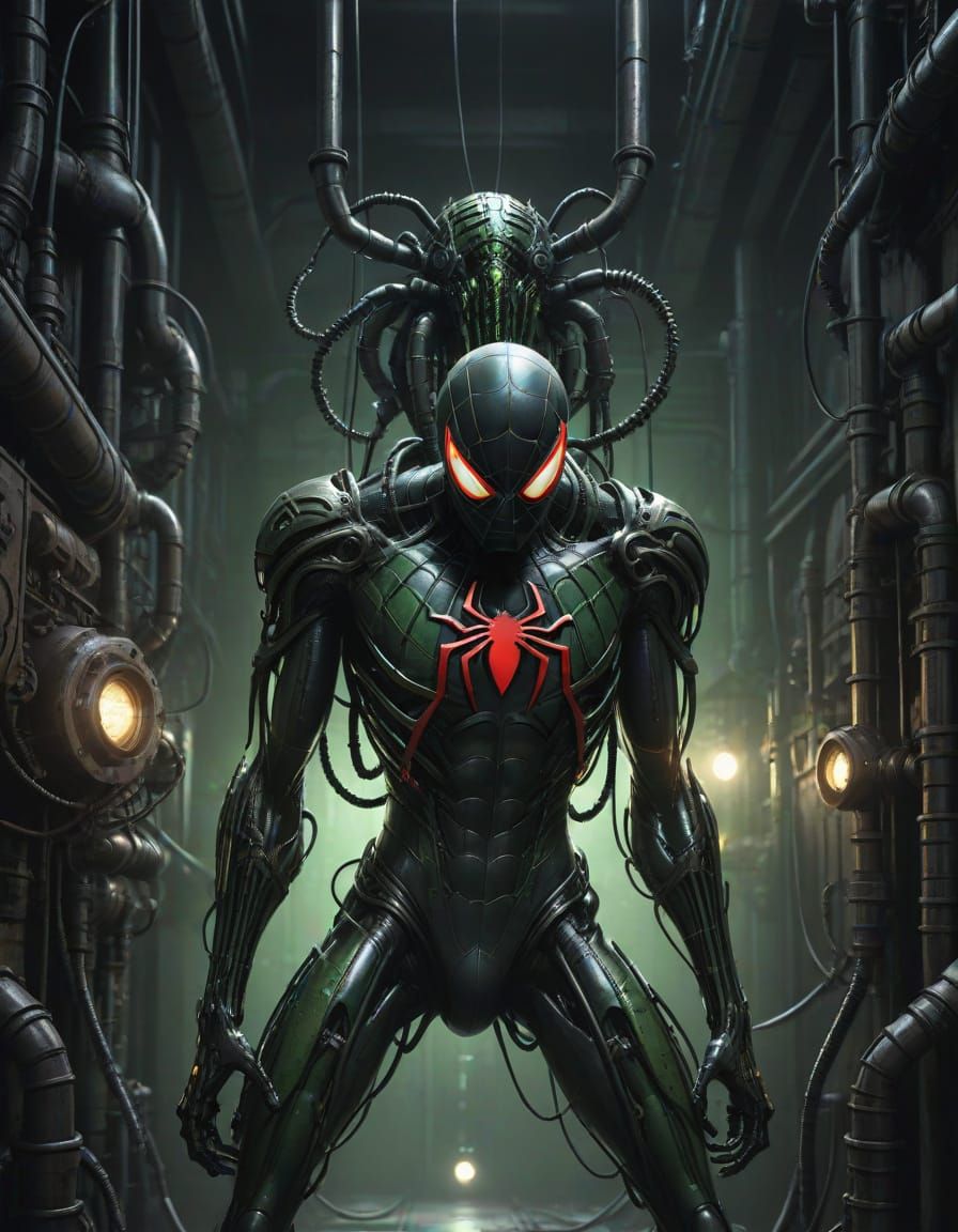 Biomechanical Spider-Man in Dark, Industrial Gothic Style