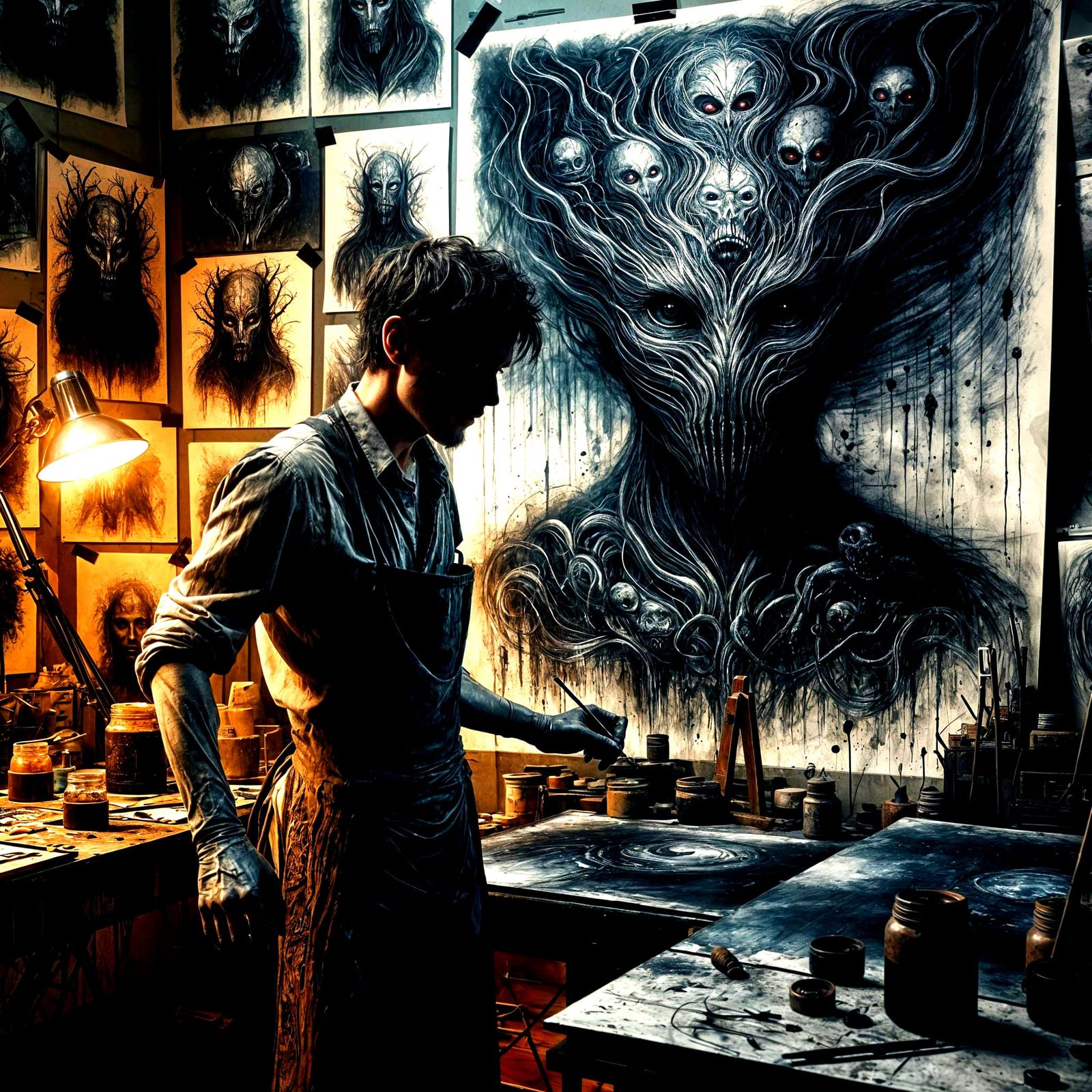 Artist Transforms into Shadow Creature in Dim Studio