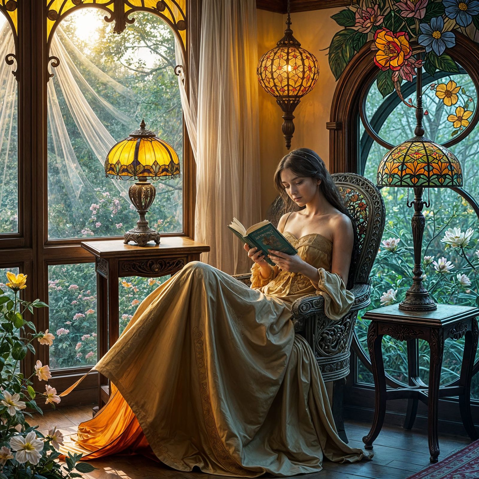 Art nouveau reading nook corner in the living room, art nouveau Tiffany lamp, cosy armchair near a art nouveau window wi...