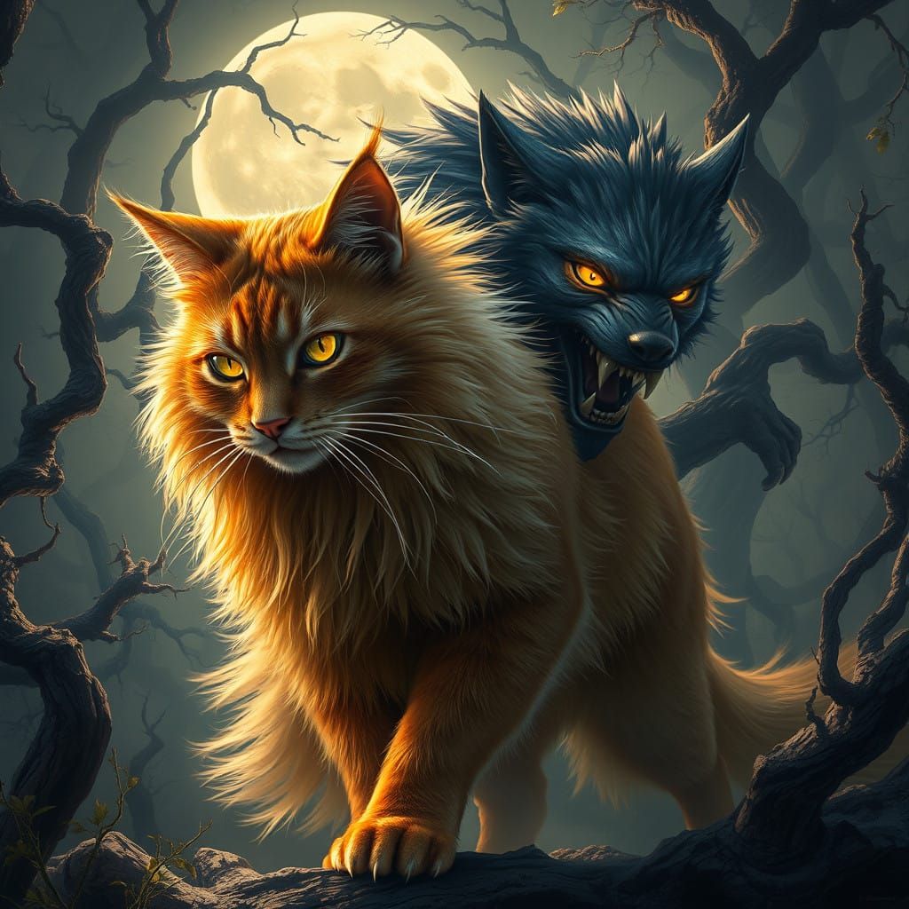 Majestic Orange Tabby Werewolf Emerges in Moonlit Forest