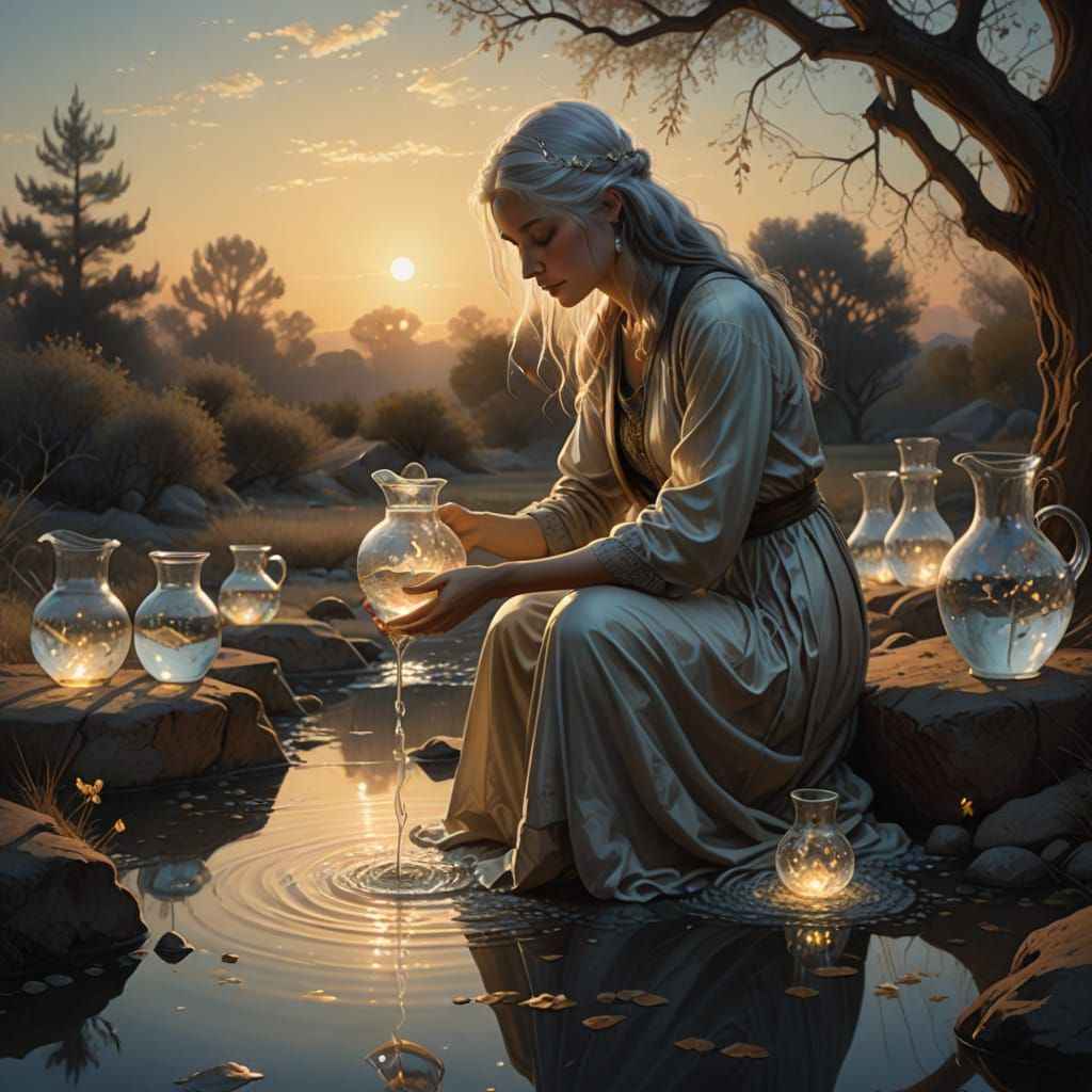 Ethereal Woman Pouring Water in Surreal Realism